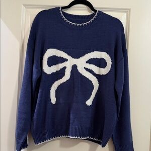 Navy Blue Sweater with White Bow Design